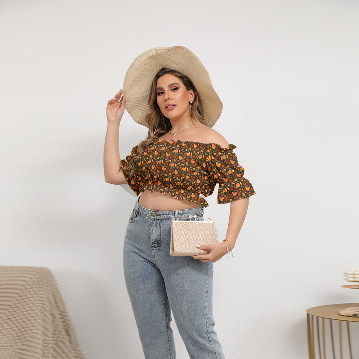 Fall Pumpkins Women's Off-Shoulder Cropped Top With Short Puff Sleeve
