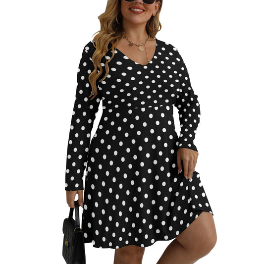 Black With White Polka Dots Plus Size Women's V-neck Long Sleeve Dress