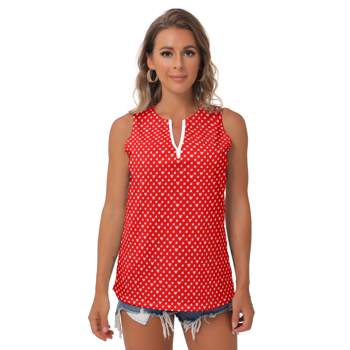 Red With White Mickey Polka Dots Women's Sleeveless V-Neck Top