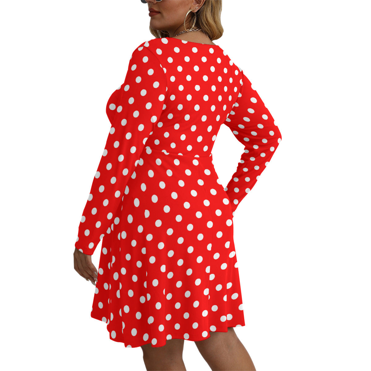 Red With White Polka Dots Plus Size Women's V-neck Long Sleeve Dress