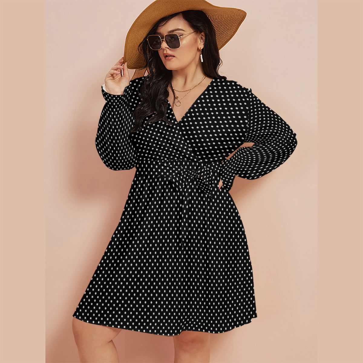 Black With White Polka Dots Women's Plus Size V-neck Dress With Waistband