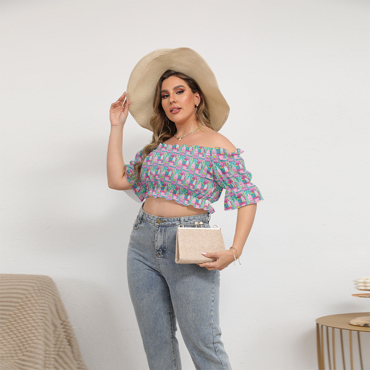 Small World Women's Off-Shoulder Cropped Top With Short Puff Sleeve