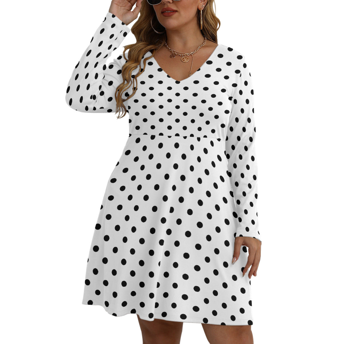 White With Black Polka Dots Plus Size Women's V-neck Long Sleeve Dress