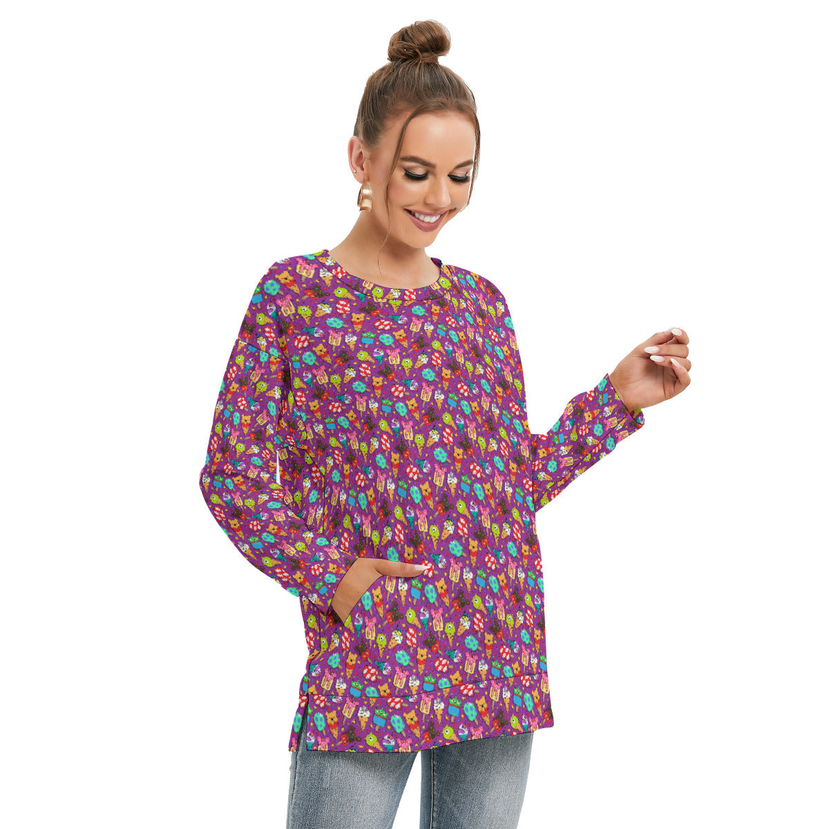Ice Cream Women's Side Split O-neck Sweatshirt With Pockets