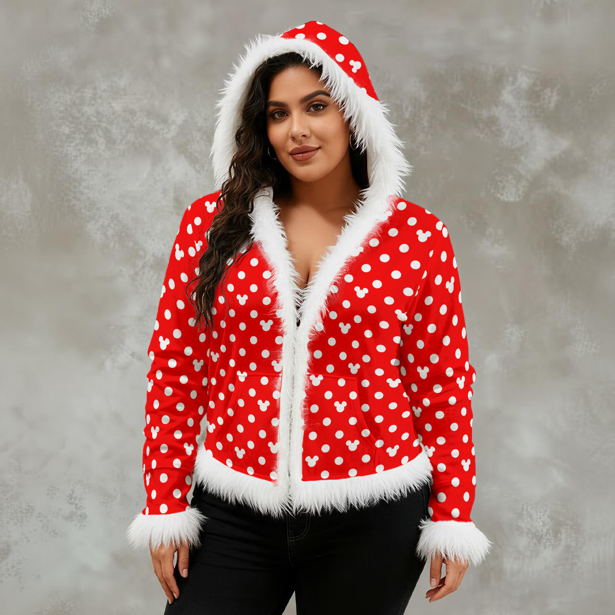 Red Wtih White Polka Dots Women's Faux Fur Trim Hooded Jacket