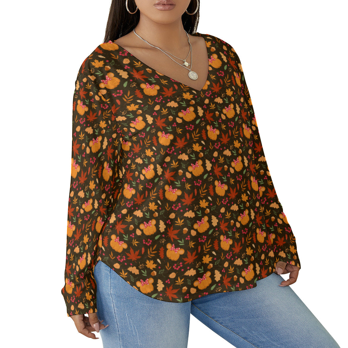 Fall Pumpkins Women's Plus Size V-Neck T-Shirt With Curved Hem