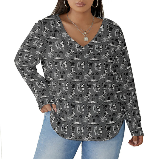 Steamboat Mickey Women's Plus Size V-Neck T-Shirt With Curved Hem