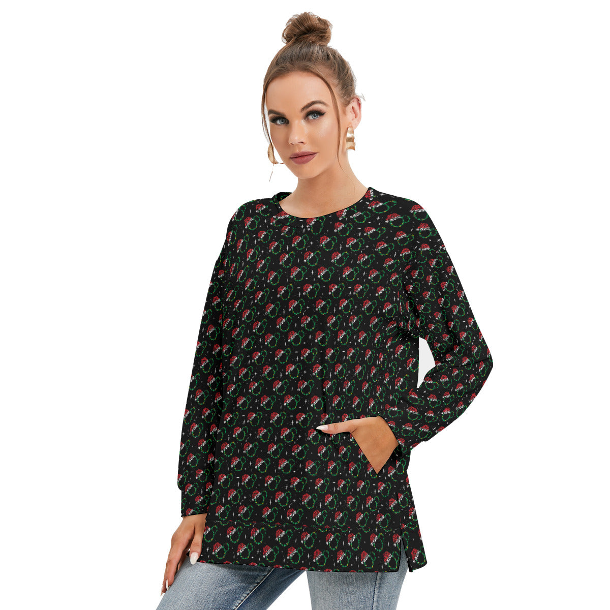 Christmas Women's Side Split O-neck Sweatshirt With Pockets