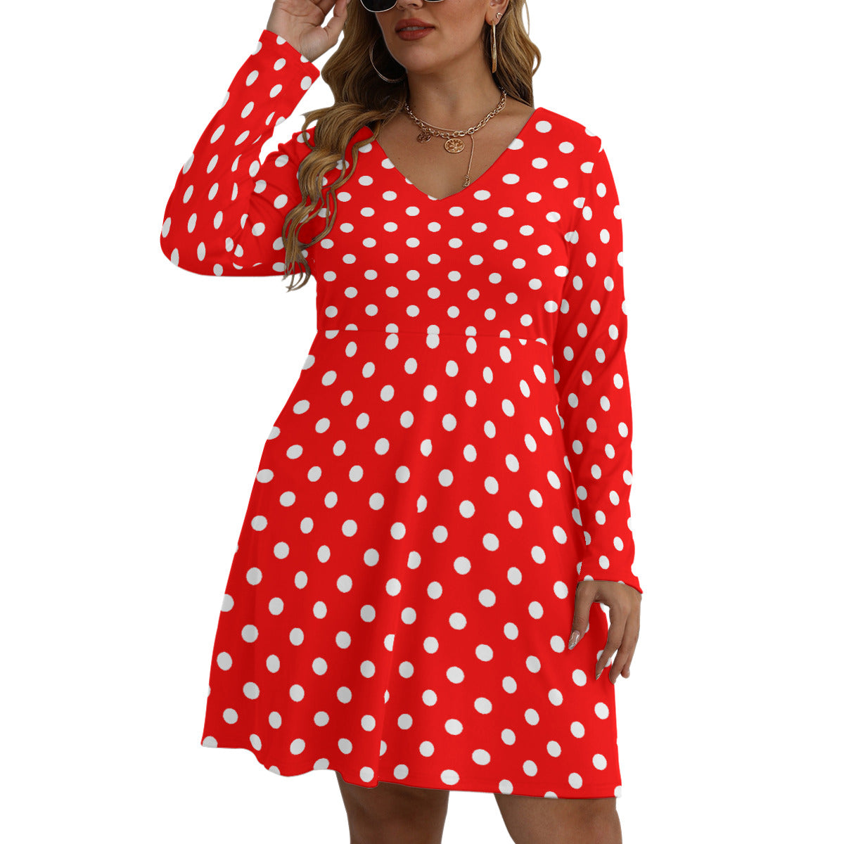 Red With White Polka Dots Plus Size Women's V-neck Long Sleeve Dress