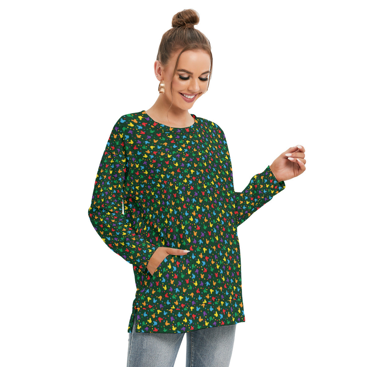 Christmas Lights Women's Side Split O-neck Sweatshirt With Pockets