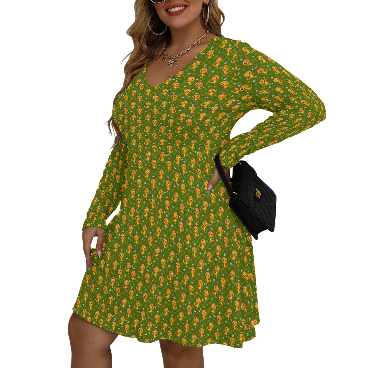 Orange Bird Plus Size Women's V-neck Long Sleeve Dress