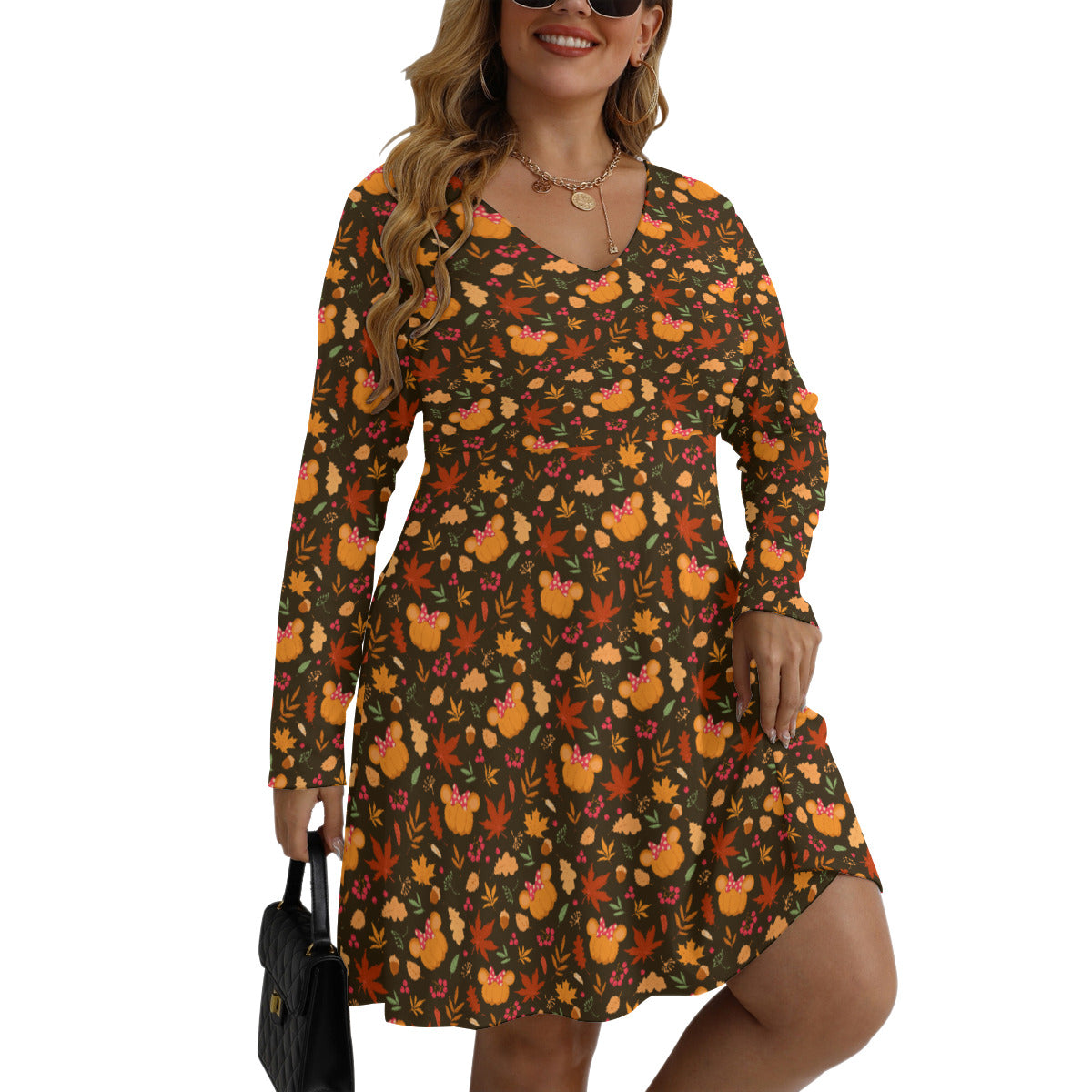 Fall Pumpkins Plus Size Women's V-neck Long Sleeve Dress