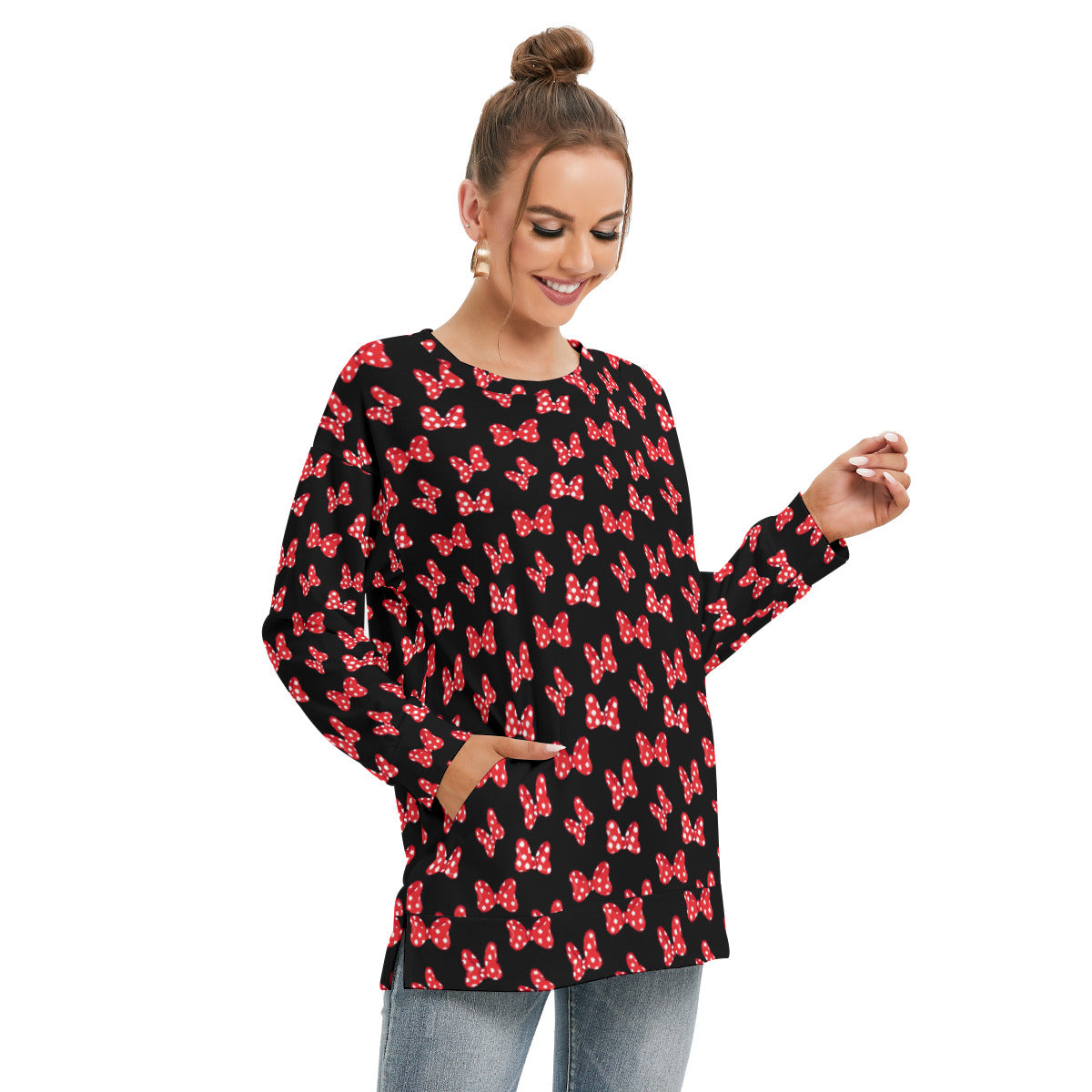 Polka Dot Bows Women's Side Split O-neck Sweatshirt With Pockets