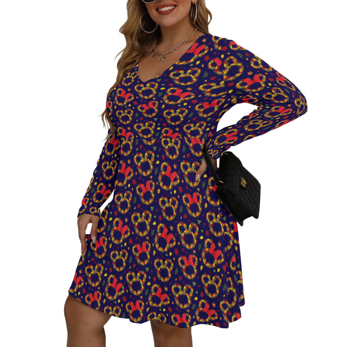 Fall Leaves Plus Size Women's V-neck Long Sleeve Dress