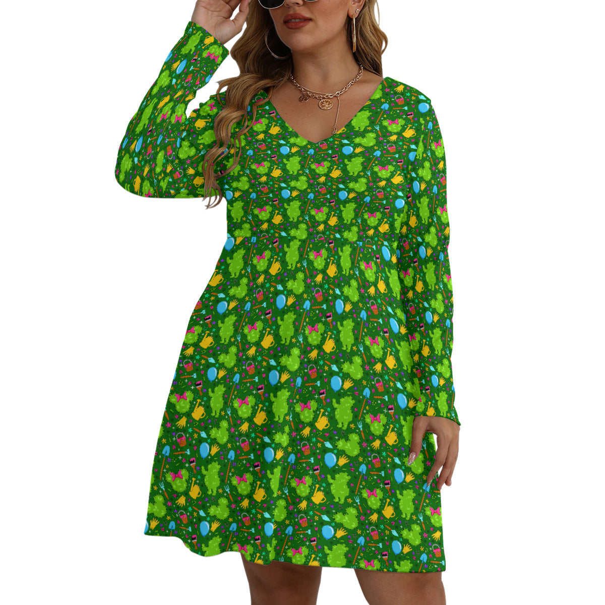 Flower And Garden Plus Size Women's V-neck Long Sleeve Dress