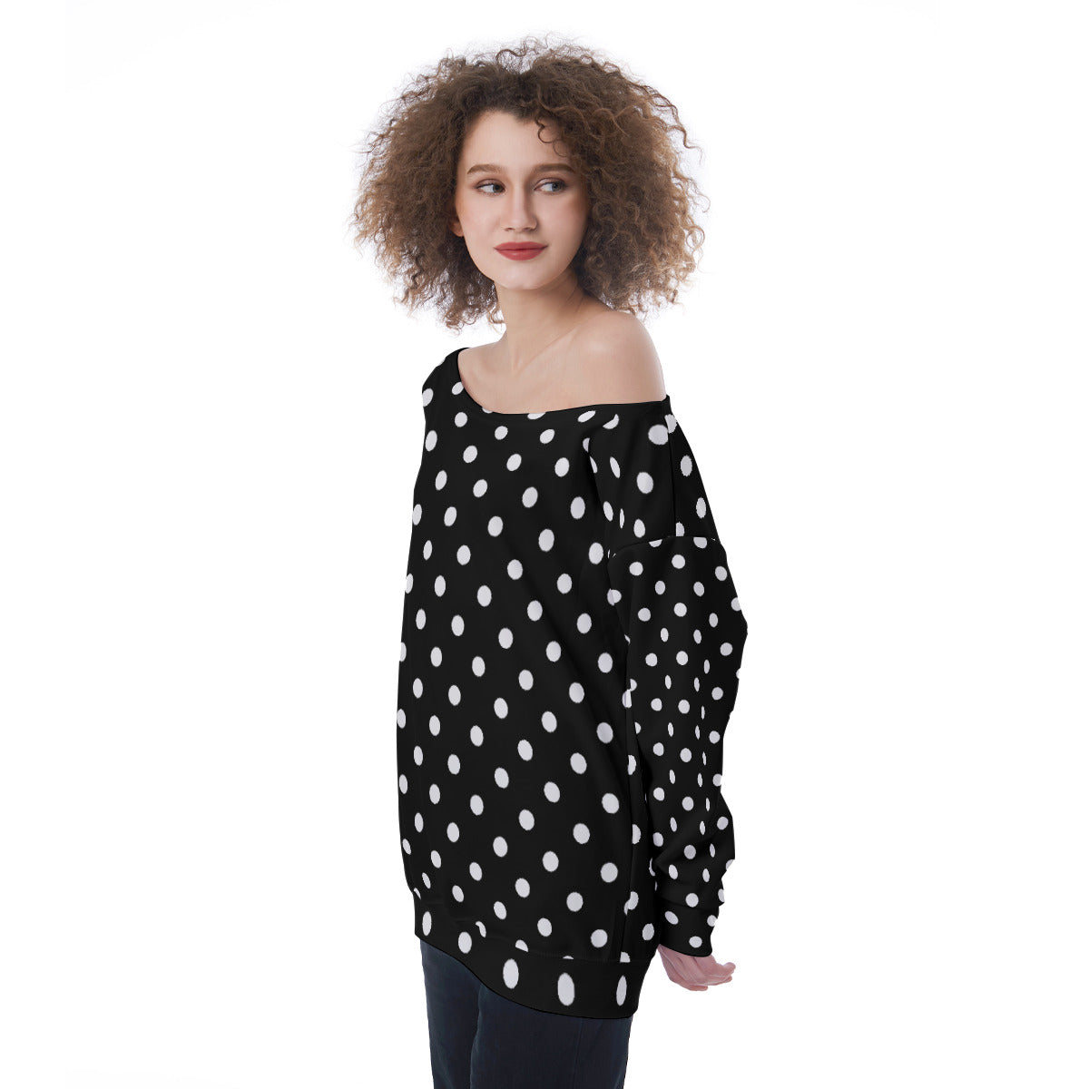 Black With White Polka Dots Oversized Women's Off-Shoulder Sweatshirt