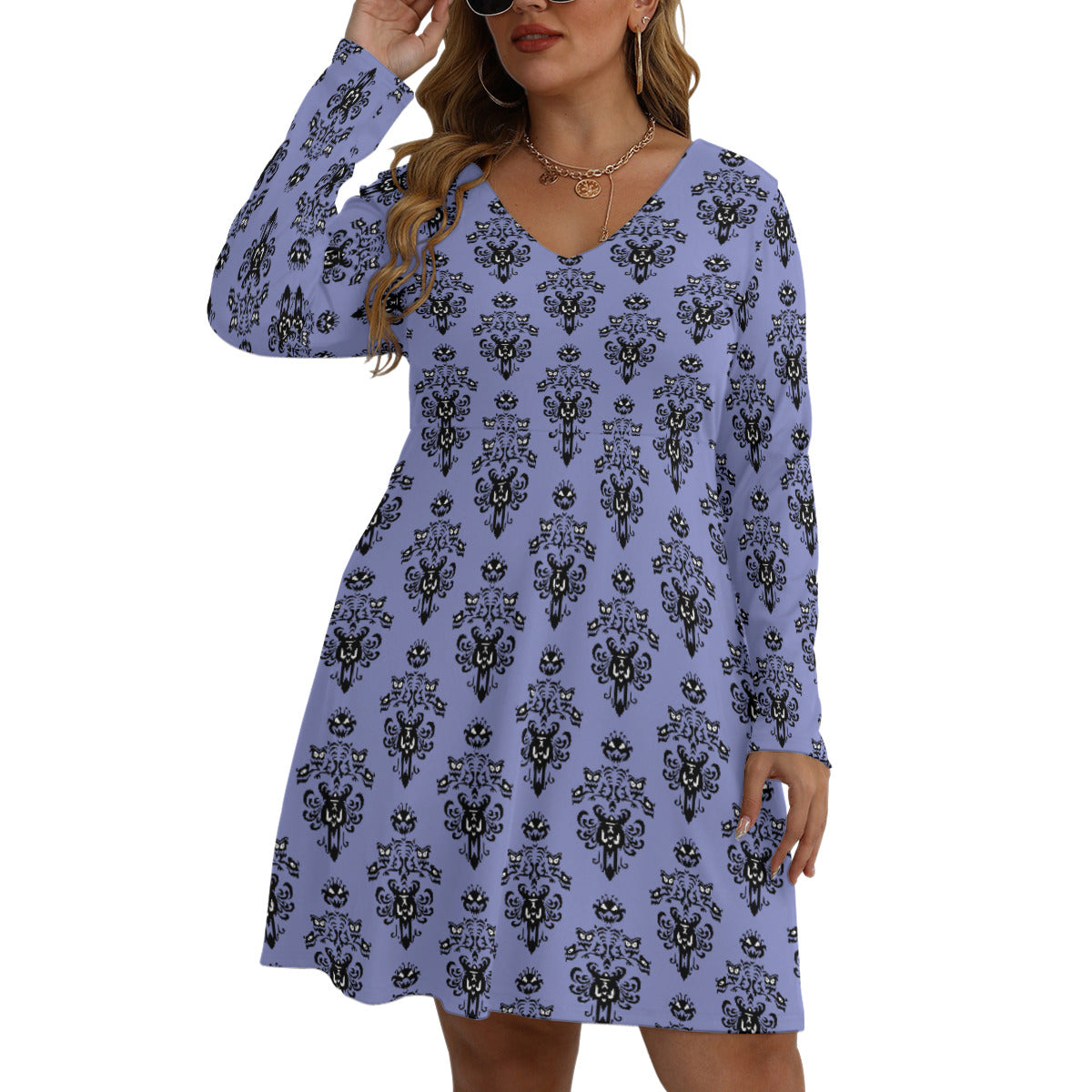 Haunted Mansion Wallpaper Plus Size Women's V-neck Long Sleeve Dress