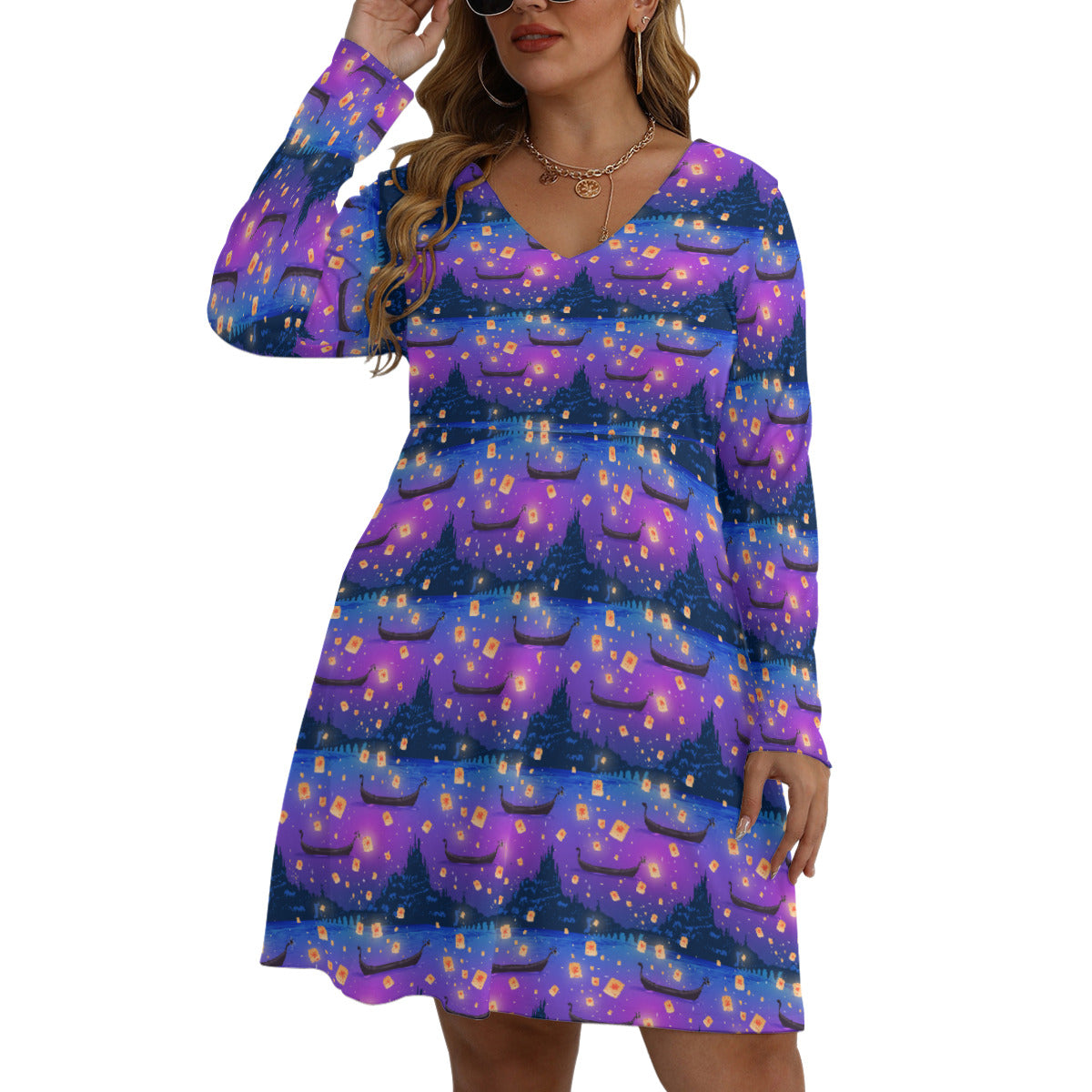 Floating Lanterns Plus Size Women's V-neck Long Sleeve Dress