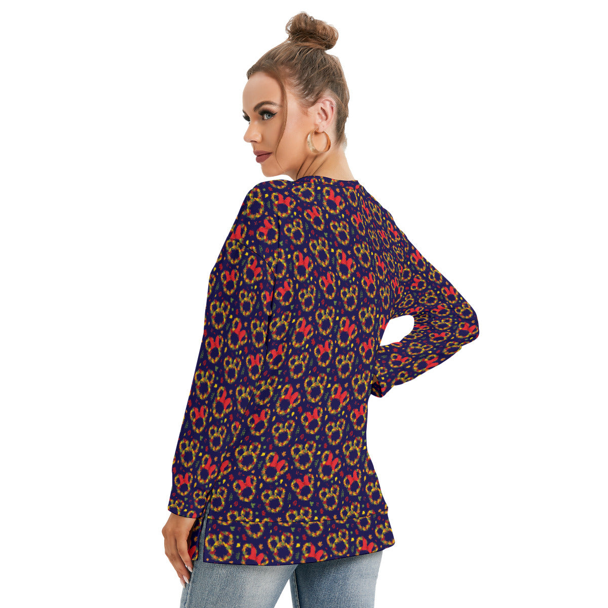 Fall Leaves Women's Side Split O-neck Sweatshirt With Pockets