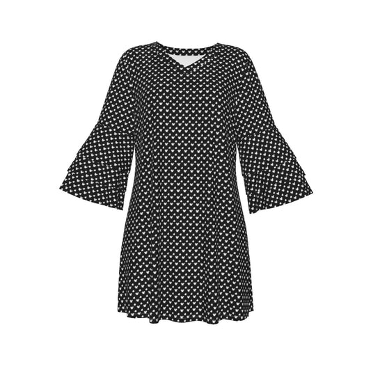 Black With White Mickey Polka Dots Women's Stacked Ruffle Sleeve Dress