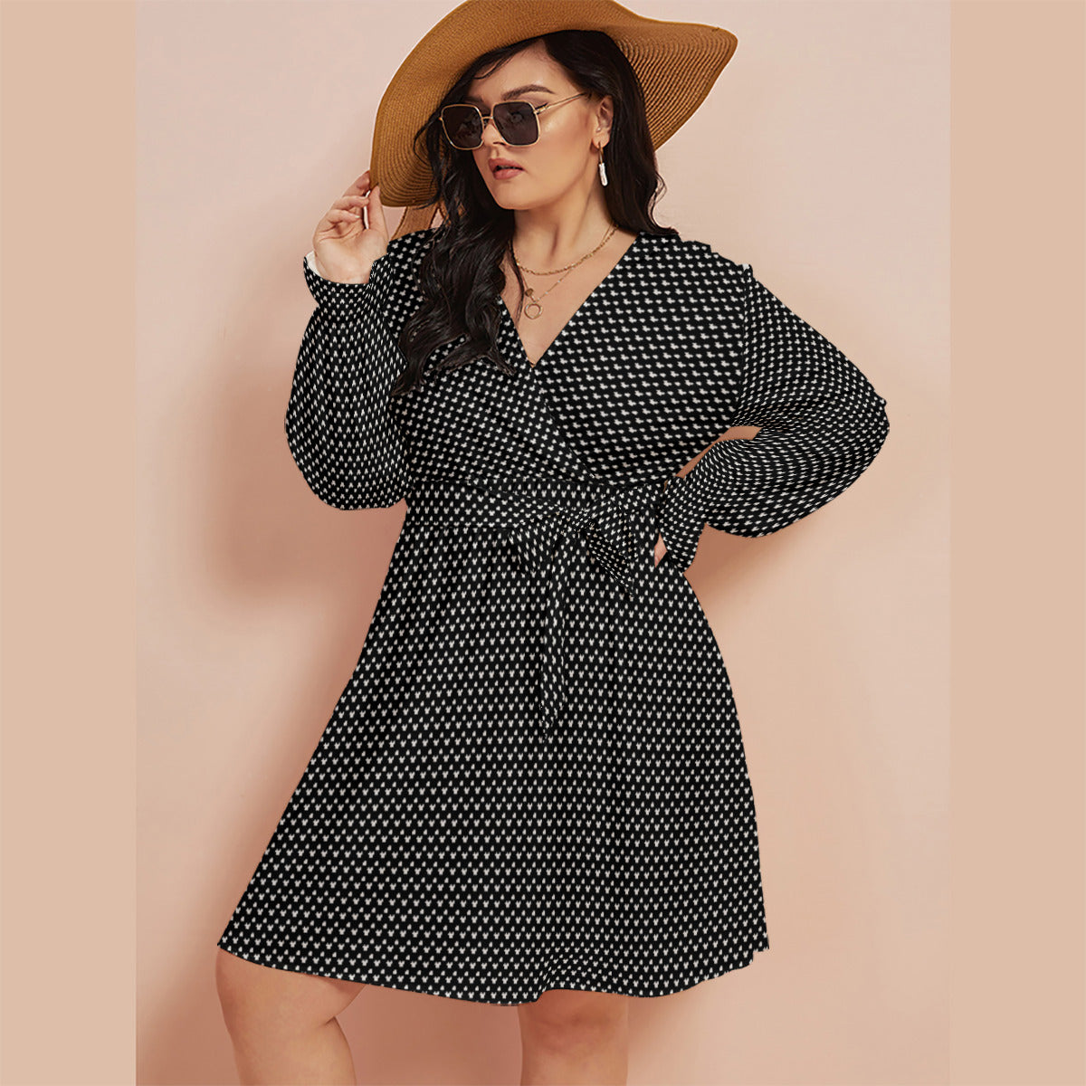 Black With White Mickey Polka Dots Women's Plus Size V-neck Dress With Waistband