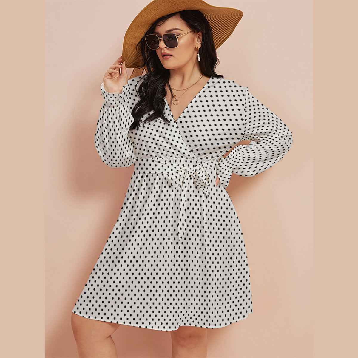 White With Black Polka Dots Women's Plus Size V-neck Dress With Waistband