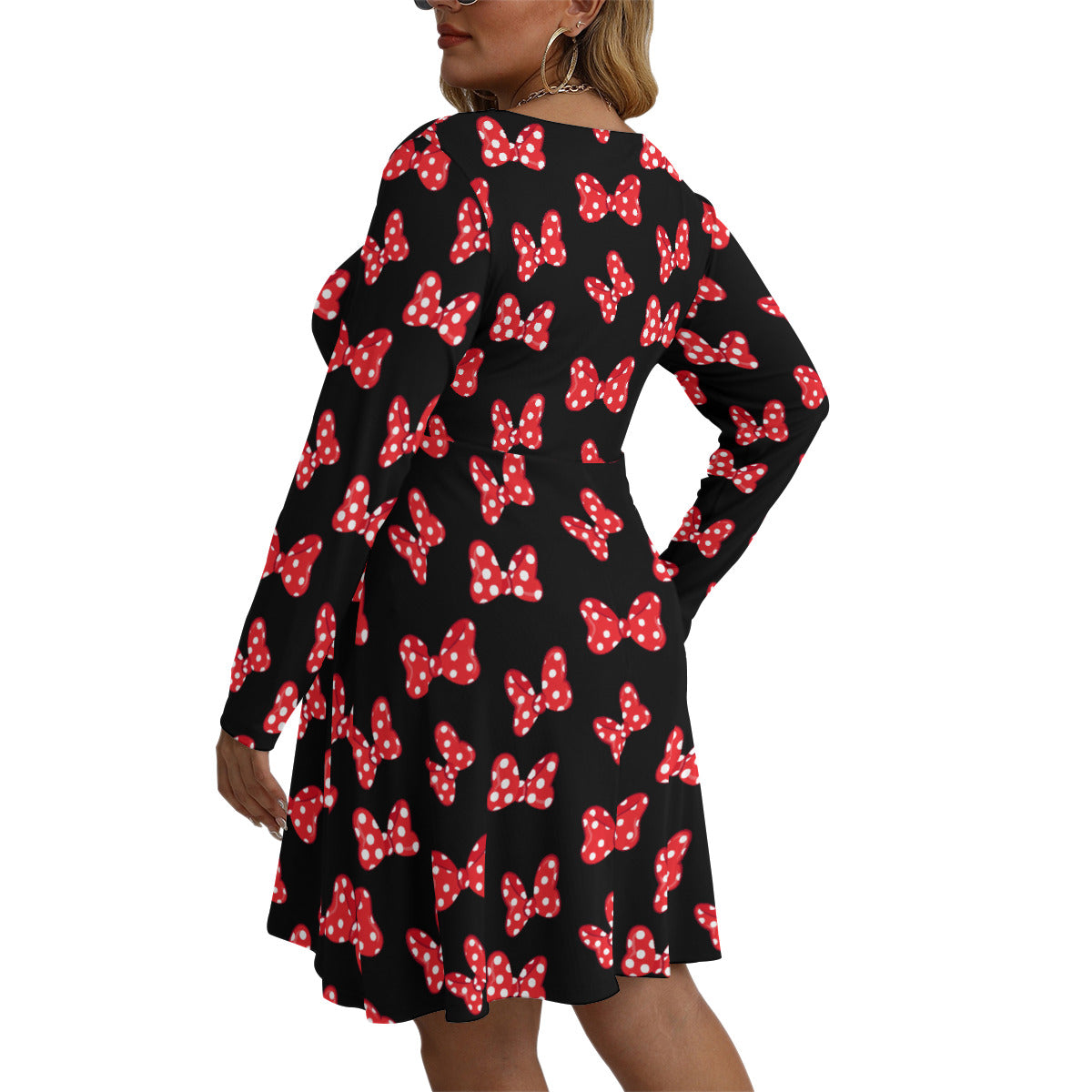 Polka Dot Bows Plus Size Women's V-neck Long Sleeve Dress