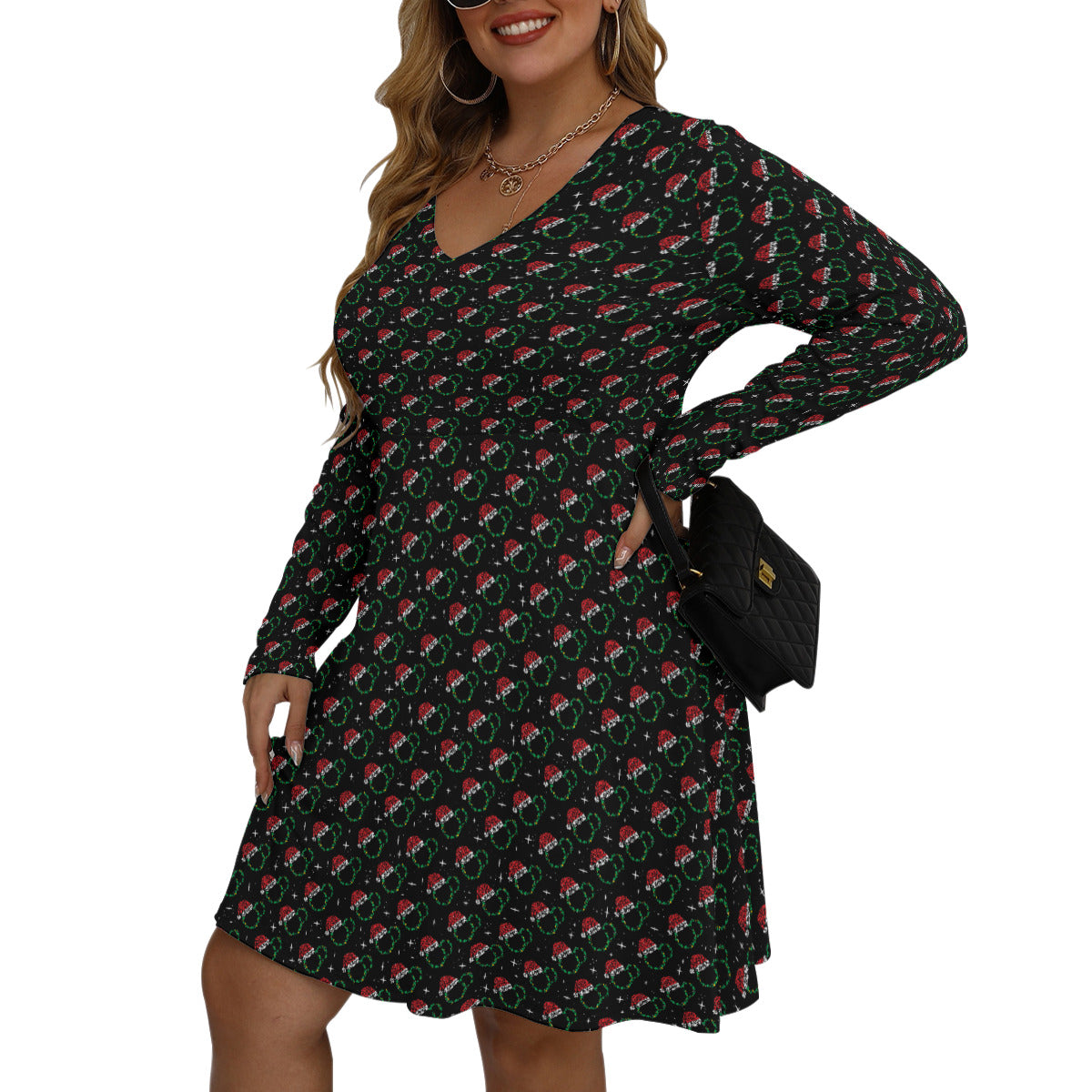 Christmas Plus Size Women's V-neck Long Sleeve Dress