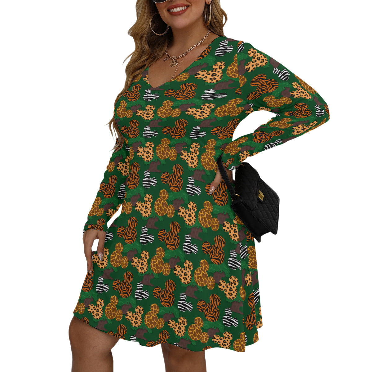 Animal Prints Plus Size Women's V-neck Long Sleeve Dress