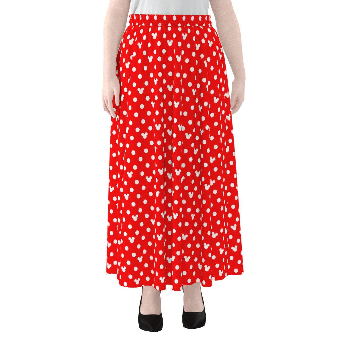 Red With White Mickey Polka Dots Women's Maxi Chiffon Skirt