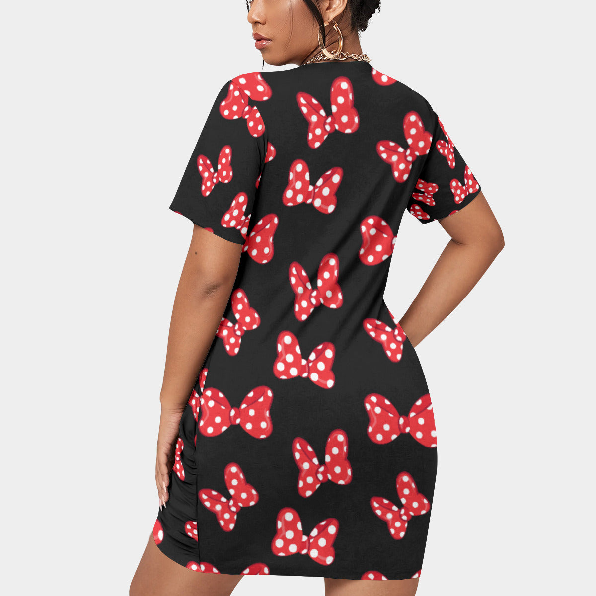 Polka Dot Bows Women’s Plus Size Stacked Hem Dress With Short Sleeve