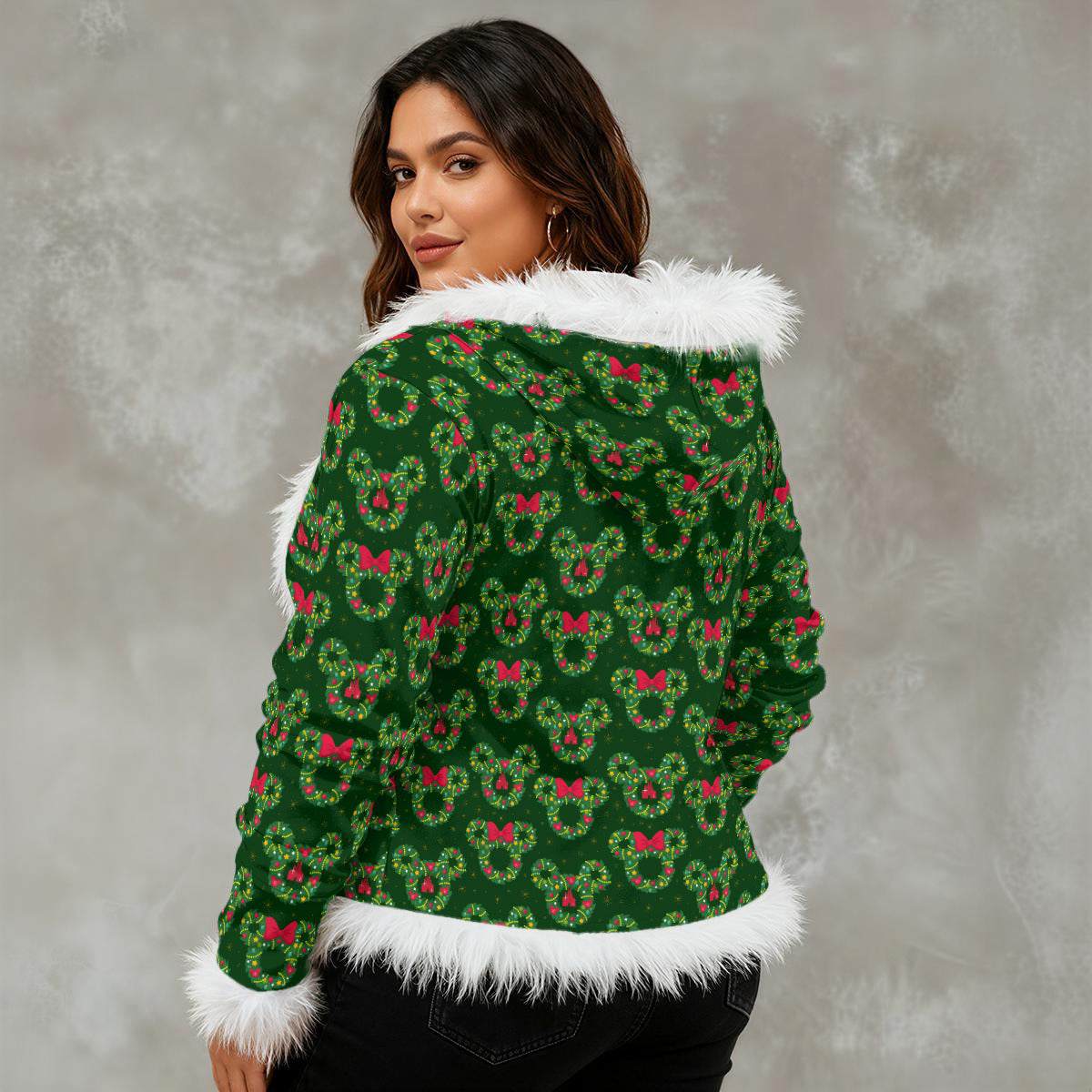 Christmas Wreathes Women's Faux Fur Trim Hooded Jacket