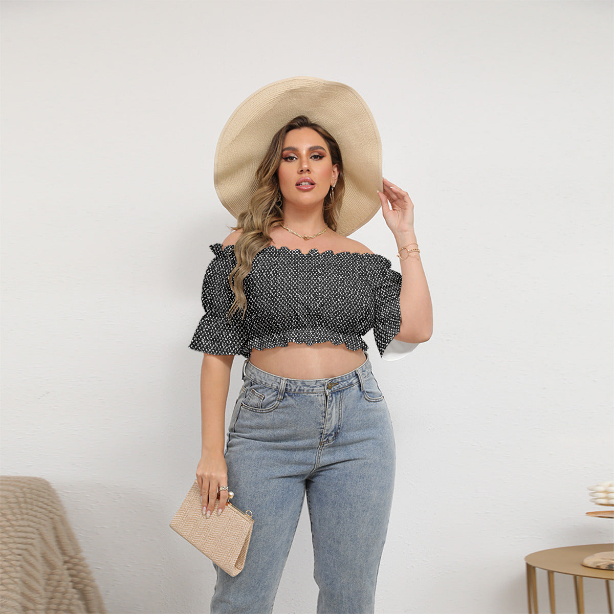 Designer Women's Off-Shoulder Cropped Top With Short Puff Sleeve – Ambrie
