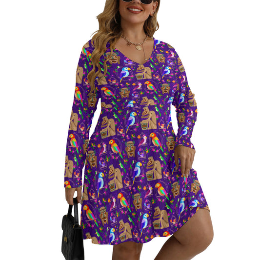 Tiki Plays The Drums Plus Size Women's V-neck Long Sleeve Dress