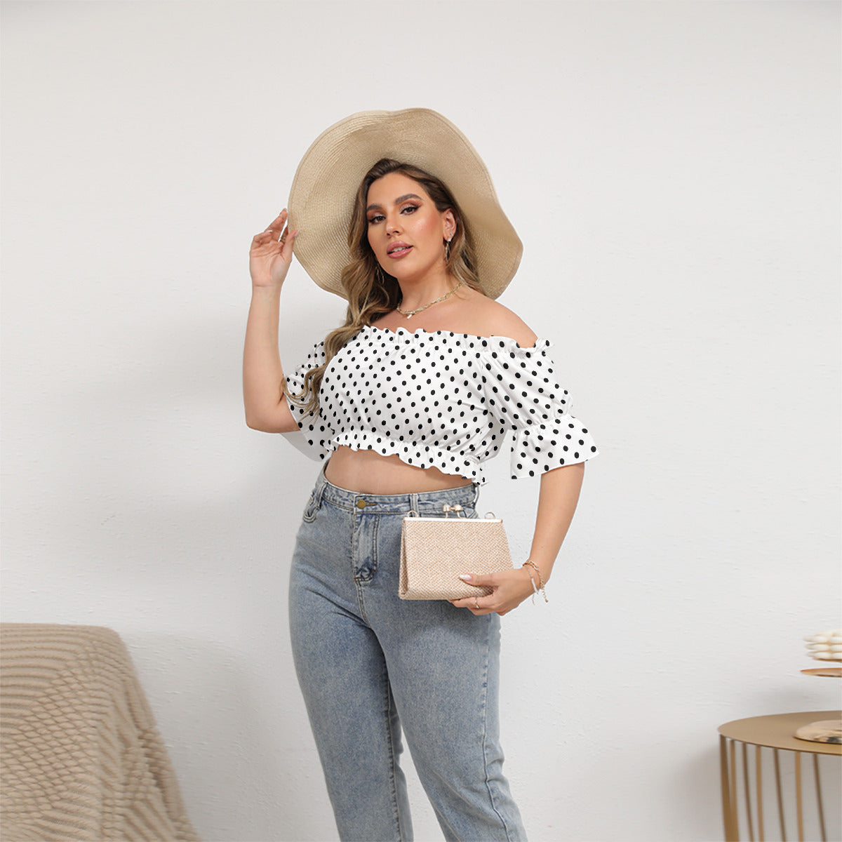 White With Black Polka Dots Women's Off-Shoulder Cropped Top With Short Puff Sleeve