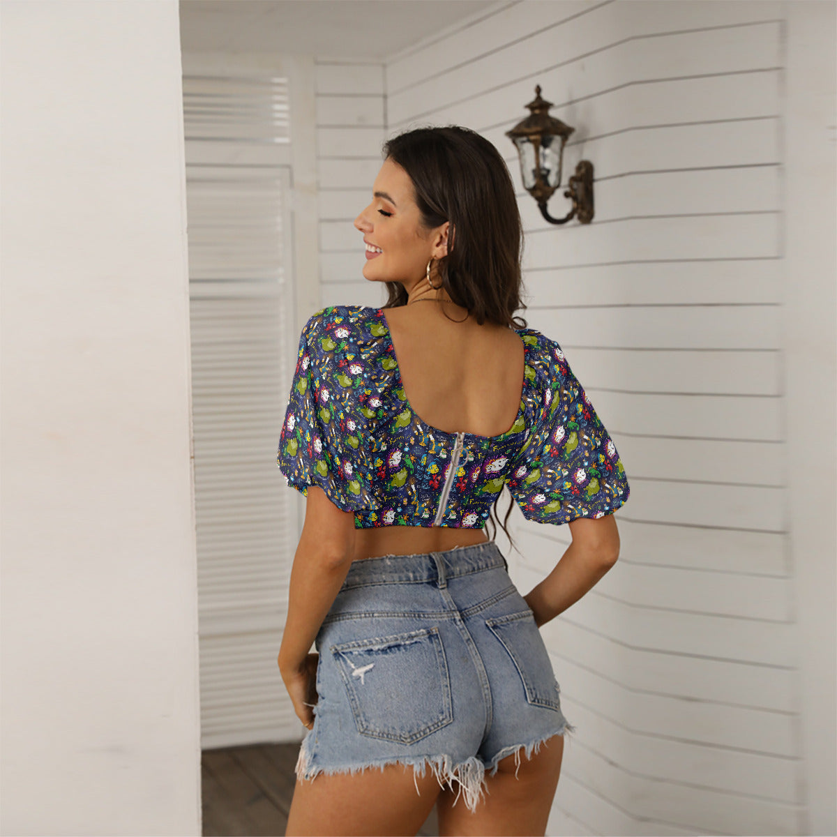 Sidekicks Women's Square Collar Cropped Top With Puff Sleeve