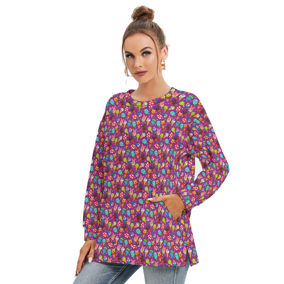 Ice Cream Women's Side Split O-neck Sweatshirt With Pockets