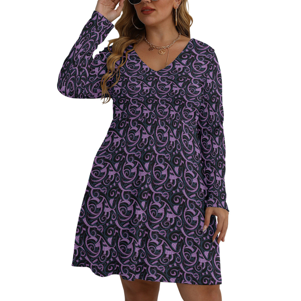 Ursula Tentacles Plus Size Women's V-neck Long Sleeve Dress