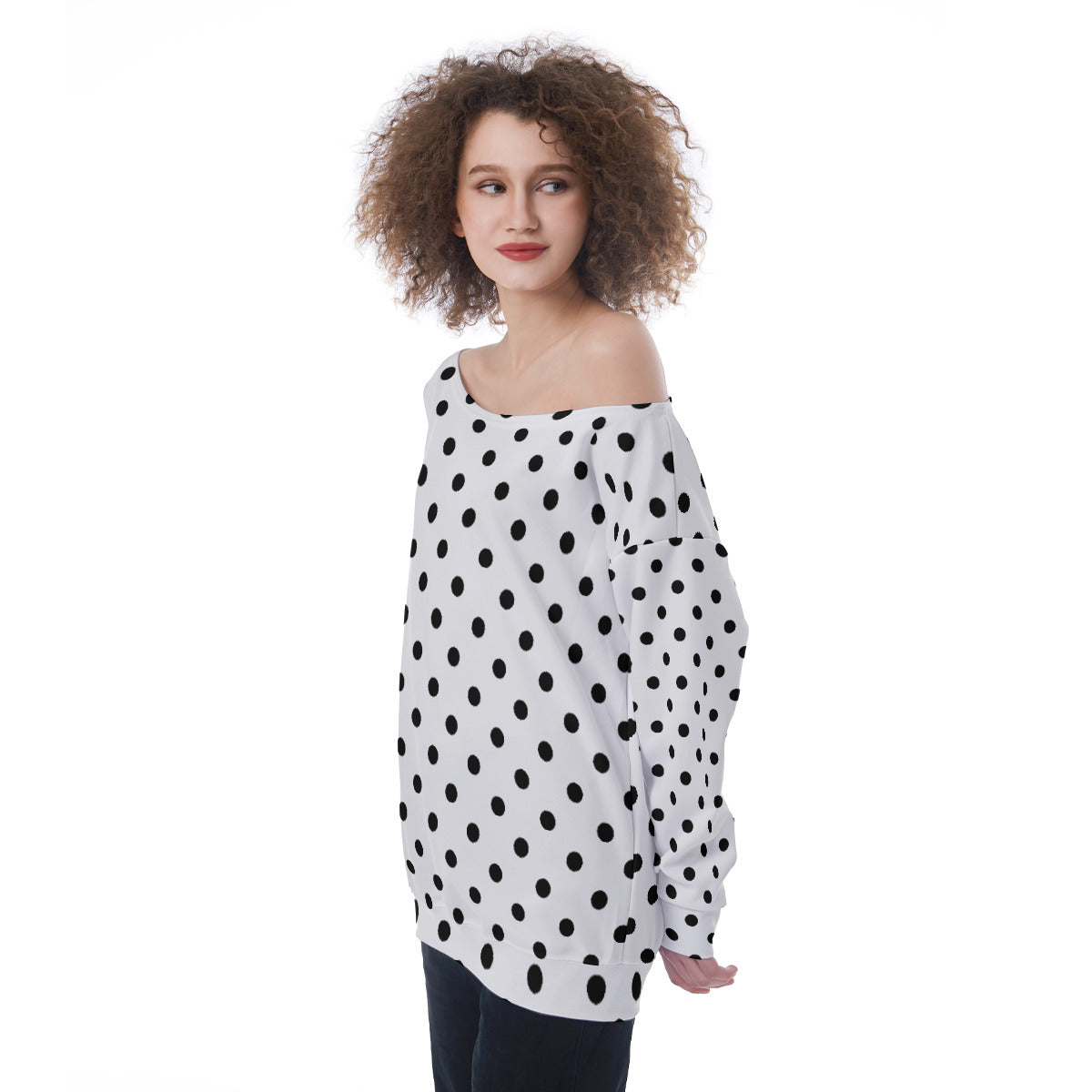 White With Black Polka Dots Oversized Women's Off-Shoulder Sweatshirt