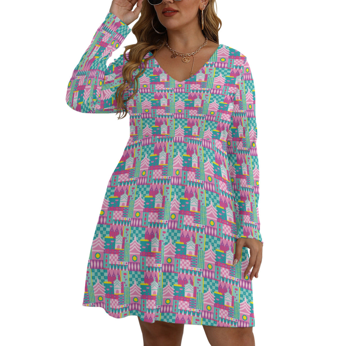 Small World Plus Size Women's V-neck Long Sleeve Dress