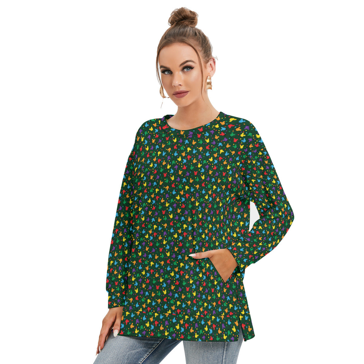 Christmas Lights Women's Side Split O-neck Sweatshirt With Pockets
