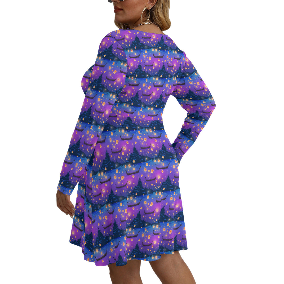 Floating Lanterns Plus Size Women's V-neck Long Sleeve Dress