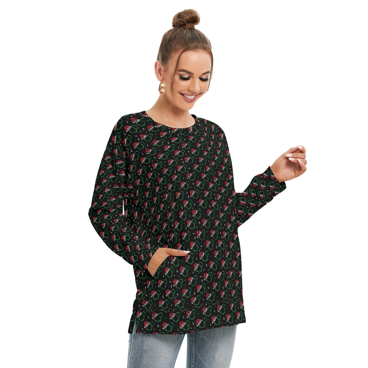 Christmas Women's Side Split O-neck Sweatshirt With Pockets
