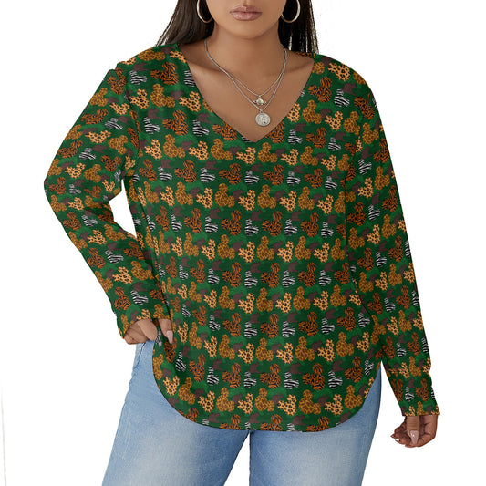 Animal Prints Women's Plus Size V-Neck T-Shirt With Curved Hem