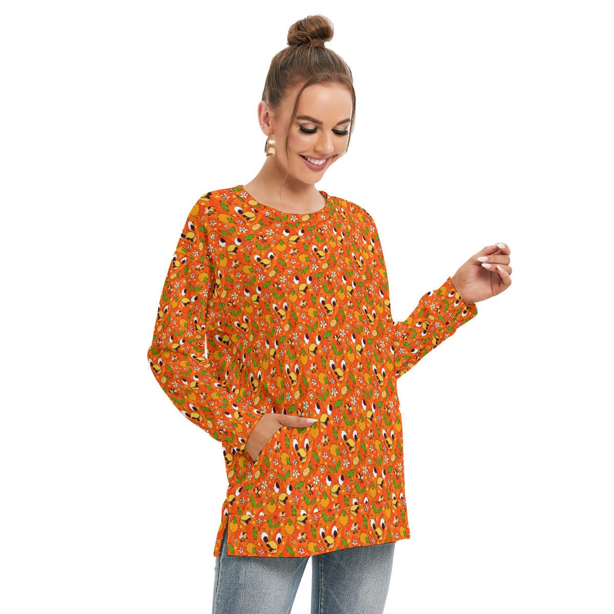 Orange Bird Women's Side Split O-neck Sweatshirt With Pockets