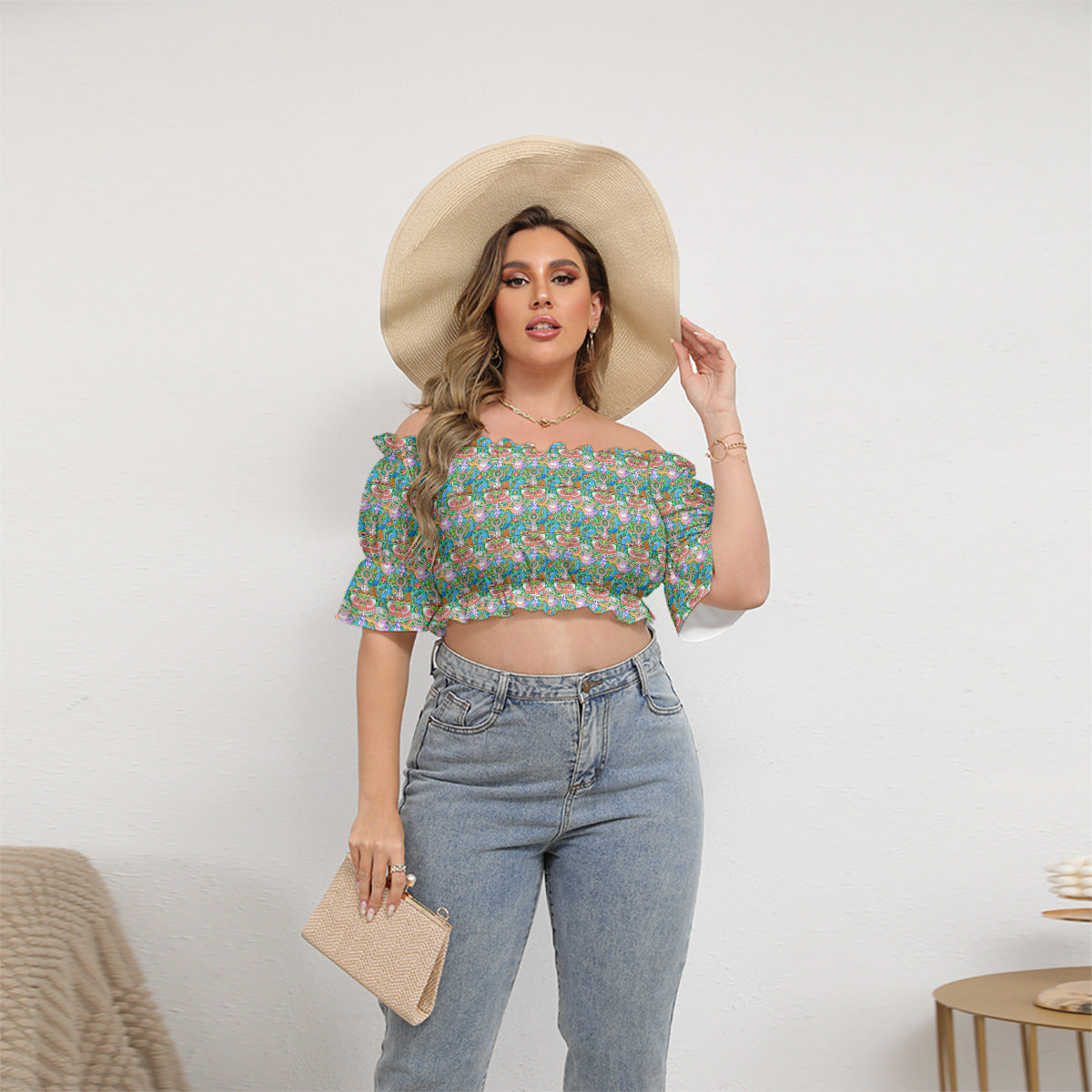 Park Map Women's Off-Shoulder Cropped Top With Short Puff Sleeve