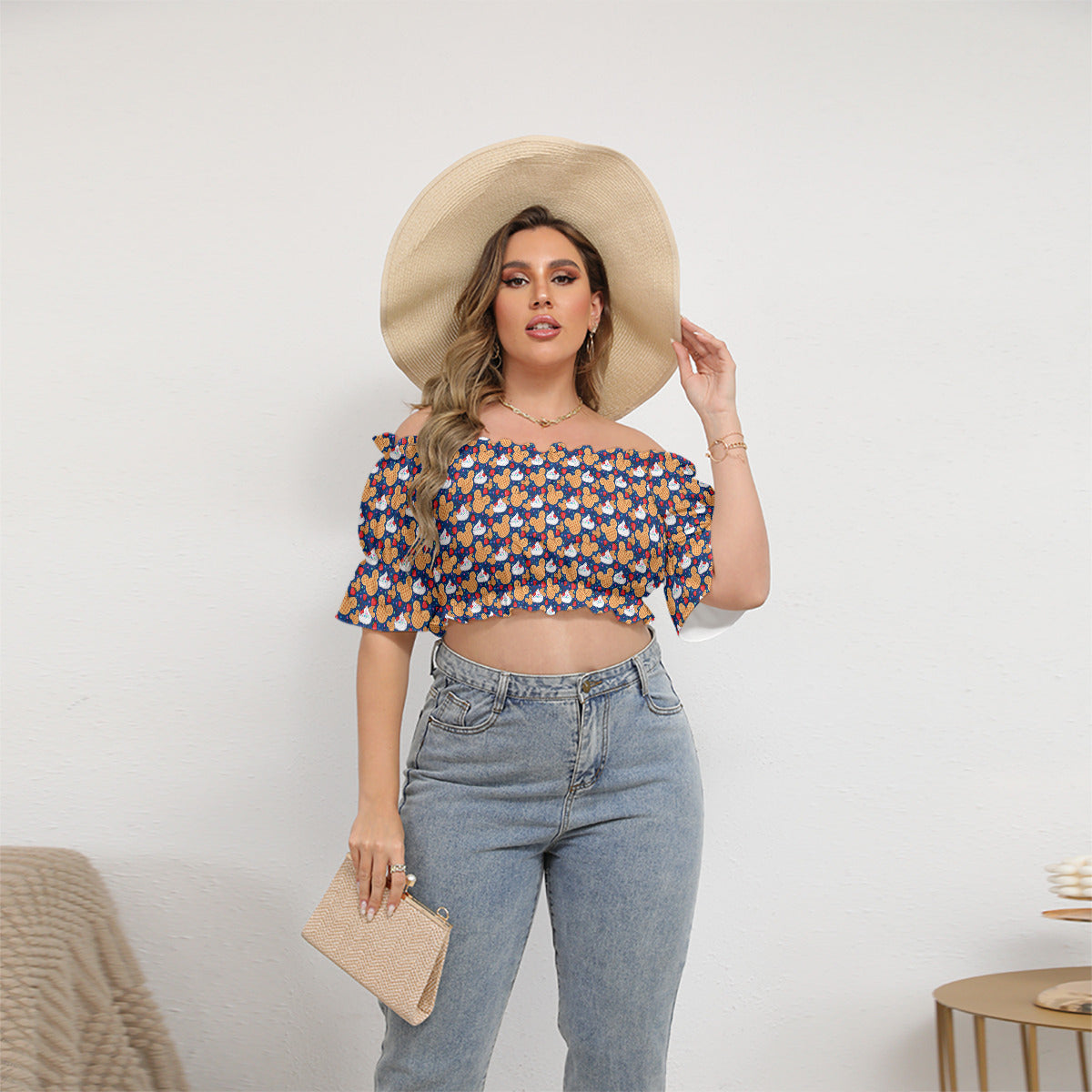 Waffles Women's Off-Shoulder Cropped Top With Short Puff Sleeve