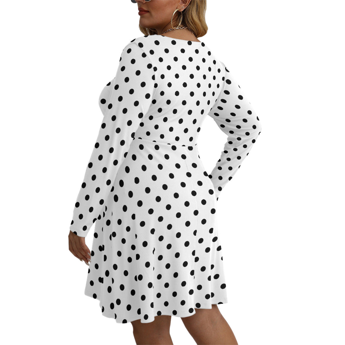 White With Black Polka Dots Plus Size Women's V-neck Long Sleeve Dress