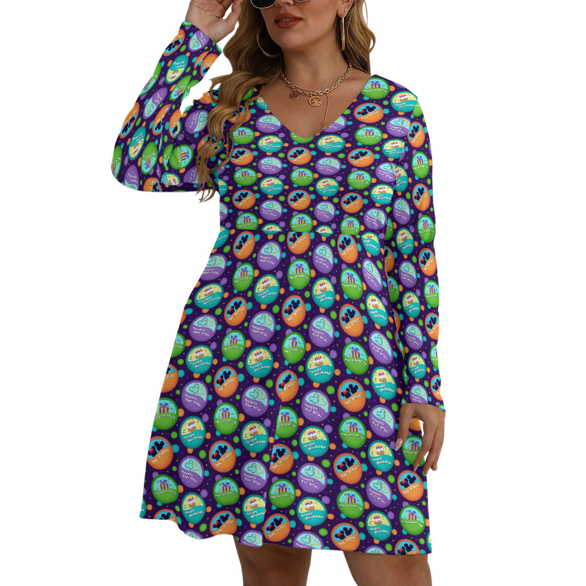 Button Collector Plus Size Women's V-neck Long Sleeve Dress