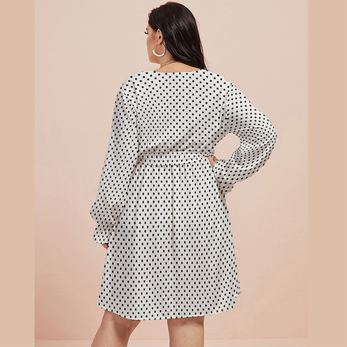 White With Black Polka Dots Women's Plus Size V-neck Dress With Waistband